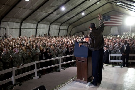 Barack Obama waves to U.S. troops at Bagram Air Field in Afghanistan