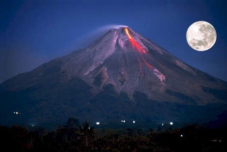 Volcano Erupting Full Moon - Public Domain