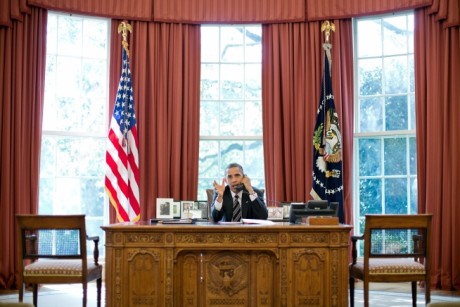 Barack Obama talks on the phone with Prime Minister Benjamin Netanyahu of Israel in the Oval Office - Public Domain
